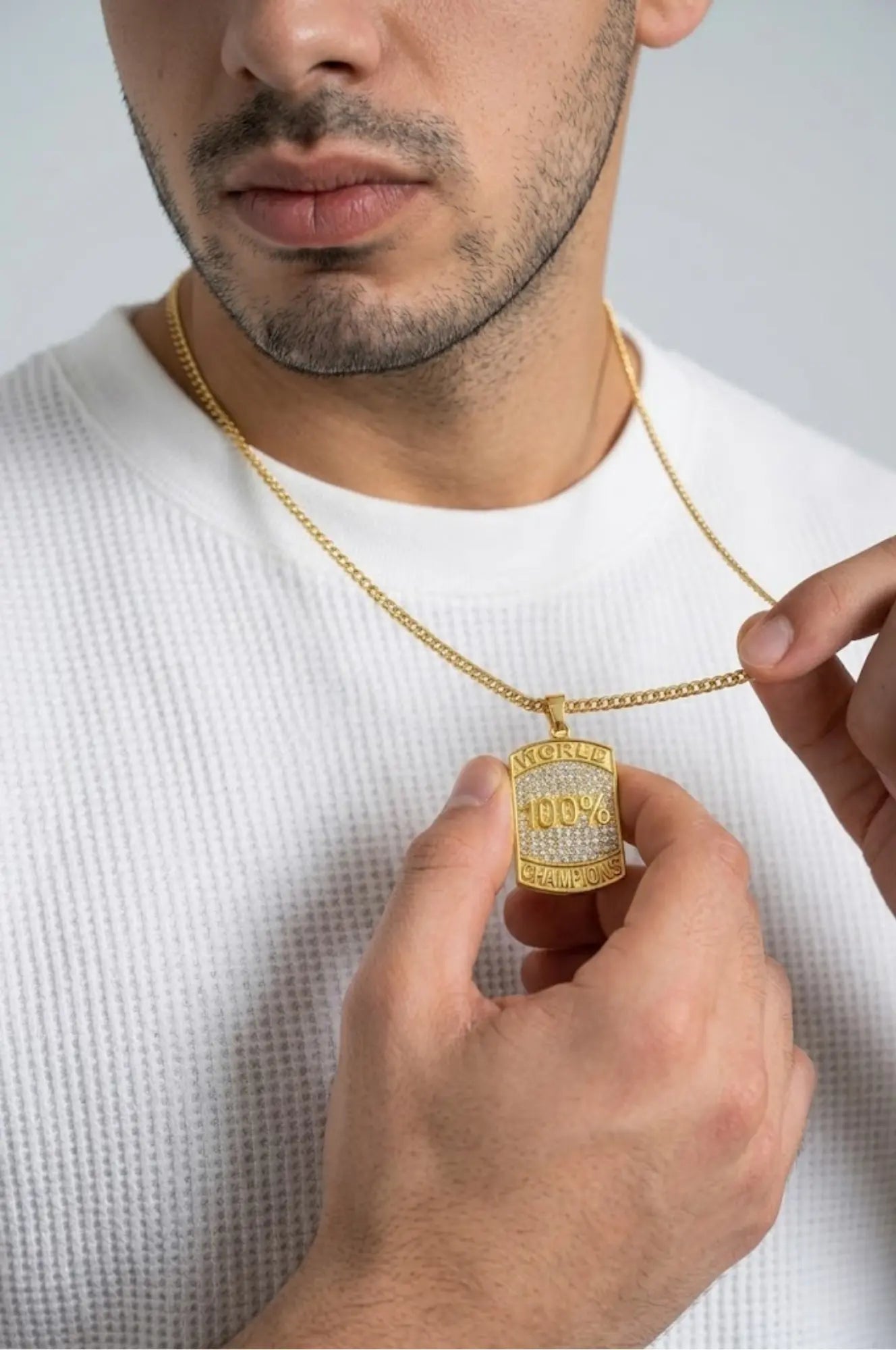 18K Gold Filled World 100% Champion Dog Tag Pendant Necklace – Iced Out Pavé CZ Curb Link Chain Necklace for Men & Women